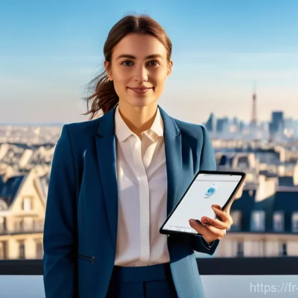 전자상거래 자격증 취득을 위한 추천 학습 자료 - "A confident and professional young French woman, in her late 20s, wearing a smart casual blazer and...