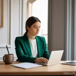전자상거래 필기와 실기의 학습 연결법 - A focused, stylish young female entrepreneur (late 20s/early 30s) wearing chic business casual attir...