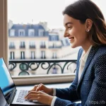 전자상거래 자격증 취득 후 성공적인 커리어 개발 - **Prompt:** A stylish young French entrepreneur, a woman in her late 20s, with a confident smile, wo...