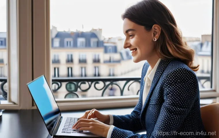 전자상거래 자격증 취득 후 성공적인 커리어 개발 - **Prompt:** A stylish young French entrepreneur, a woman in her late 20s, with a confident smile, wo...