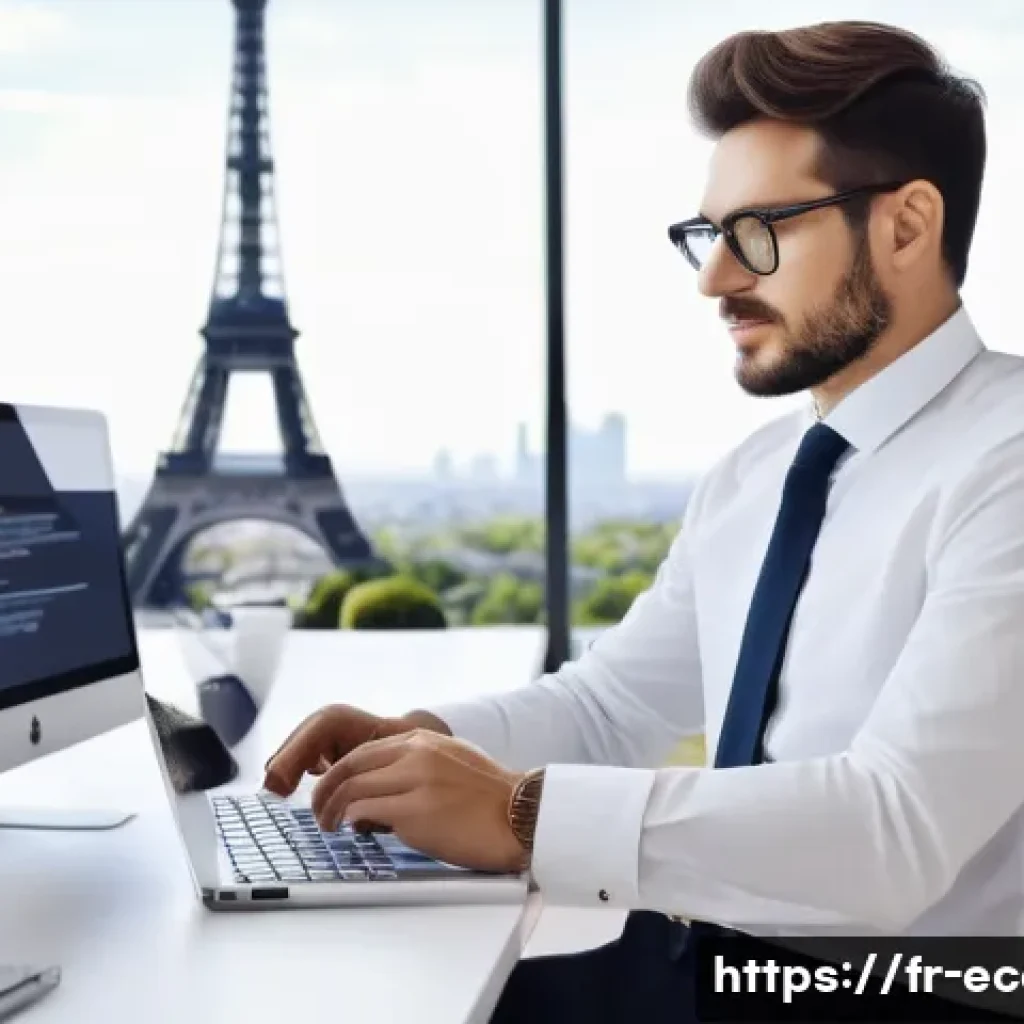 전자상거래 자격증으로 진출 가능한 직군과 전망 - A professional French e-commerce manager in a modern office setting, coordinating online store opera...