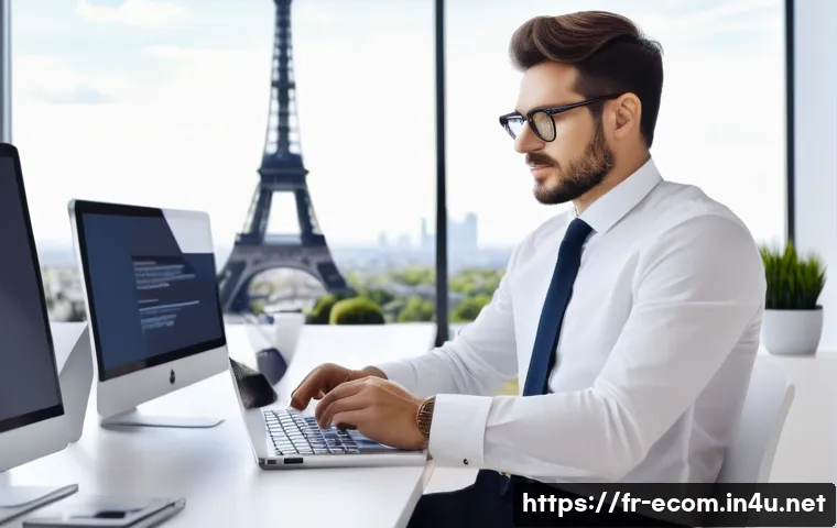 전자상거래 자격증으로 진출 가능한 직군과 전망 - A professional French e-commerce manager in a modern office setting, coordinating online store opera...