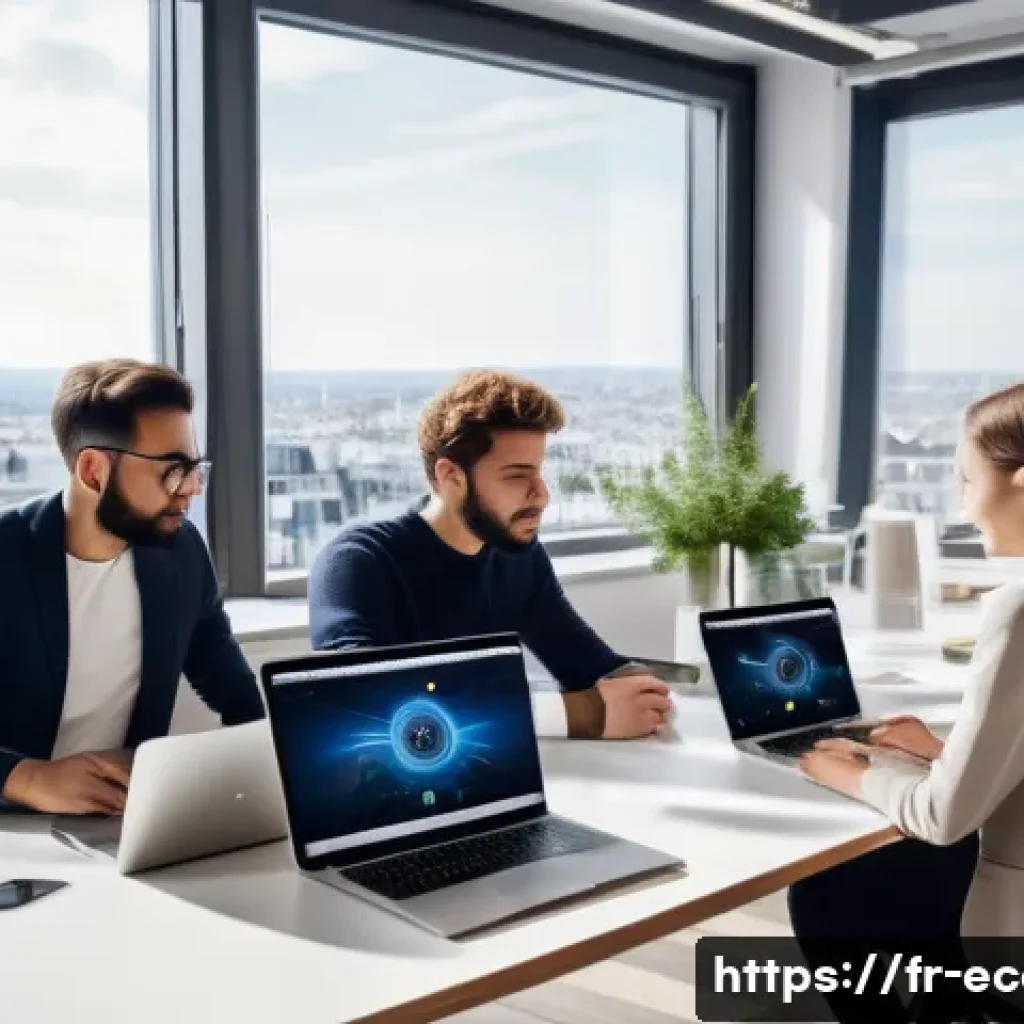 전자상거래 자격증 취득 후 디지털 마케팅 직무 진출 - A professional French digital marketing team collaborating in a modern Parisian office, diverse grou...