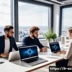 전자상거래 자격증 취득 후 디지털 마케팅 직무 진출 - A professional French digital marketing team collaborating in a modern Parisian office, diverse grou...