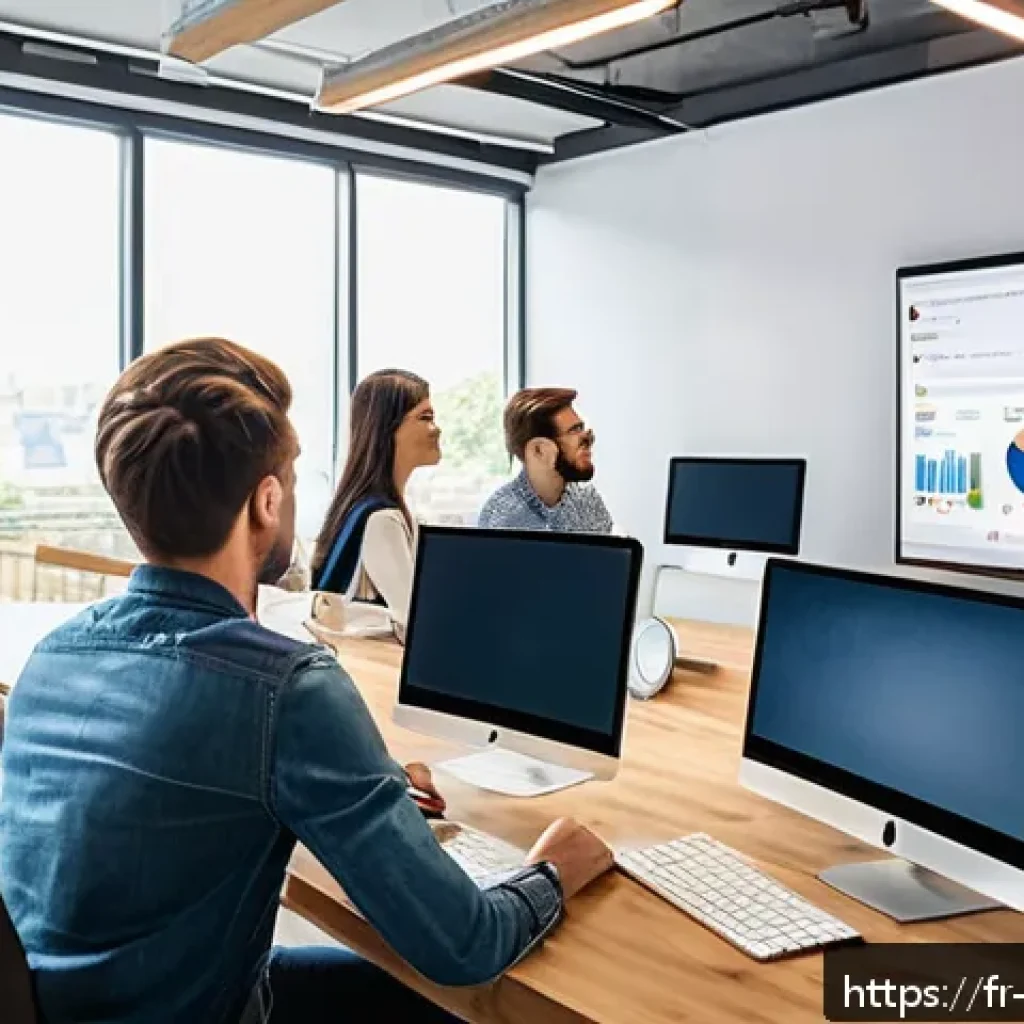 전자상거래 자격증 취득 후 대기업 취업 성공 사례 - A professional French e-commerce training classroom scene showing diverse young adults attentively l...